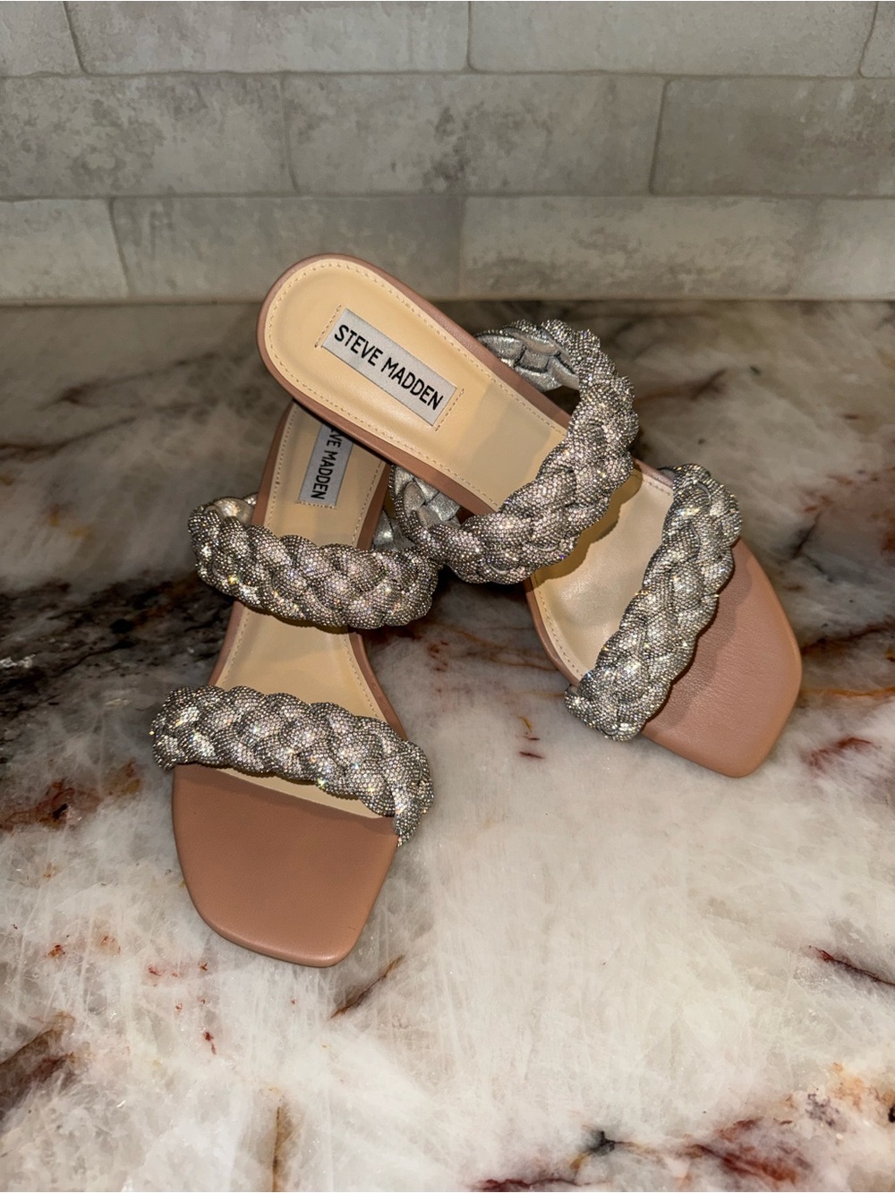 Steve Madden Braided Metallic Double-Strap Slide Sandals - Silver & Nude